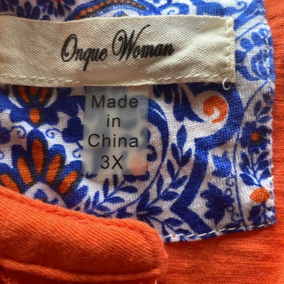 Plus Size 3X Onque Crochet Appliqué Y-Neck Rhinestone Button Orange Cotton Tunic - Picture 6 of 10